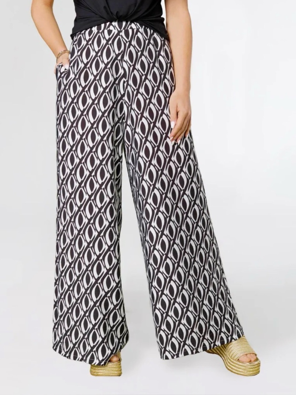 John Paul Richard Black & White Print Pull-On Wide Leg Pants Size L